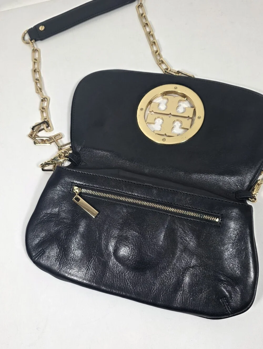 Tory Burch  Reva Black Leather Clutch Crossbody Gold Emblem